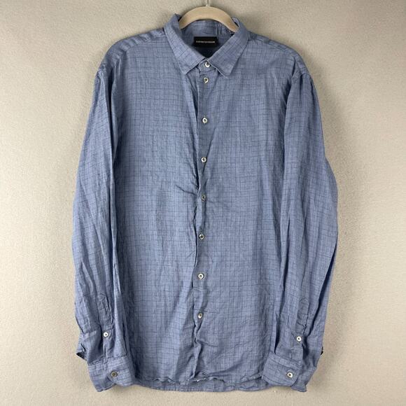 Emporio Armani Linen Shirt Mens XL Blue Check Button Up Long Sleeve Classic